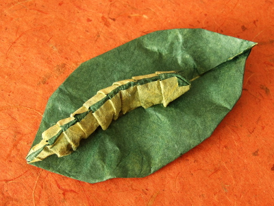 Origami Raupe auf einem Blatt